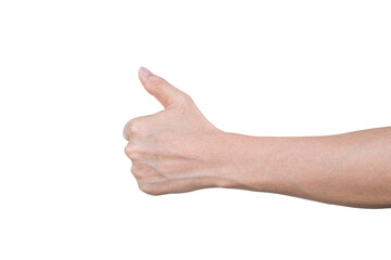 Closeup of male hand showing gesture sign on transparent background - PNG format.