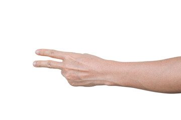 Closeup of male hand showing gesture sign on transparent background - PNG format.