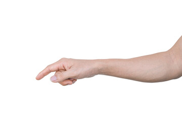 Closeup of male hand showing gesture sign on transparent background - PNG format.