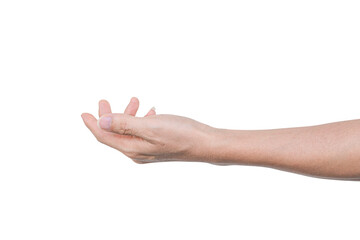 Closeup of male hand showing gesture sign on transparent background - PNG format.