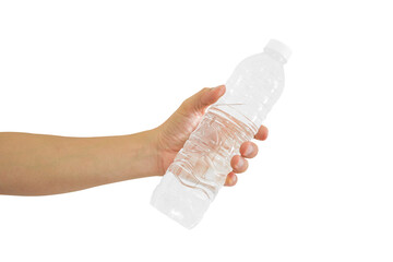 Hand holding water bottle isolated on transparent background - PNG format.