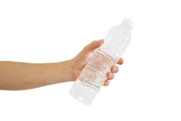 Hand holding water bottle isolated on transparent background - PNG format.