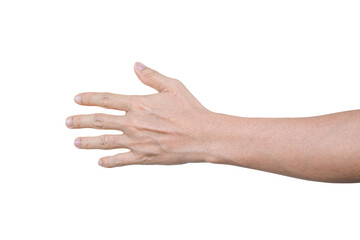 Closeup of male hand showing gesture sign on transparent background - PNG format.