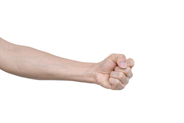 Closeup of male hand showing gesture sign on transparent background - PNG format.