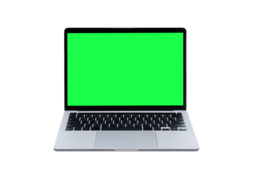 Laptop computer or notebook with green screen on transparent background - PNG format.