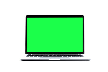 Laptop computer or notebook with green screen on transparent background - PNG format.