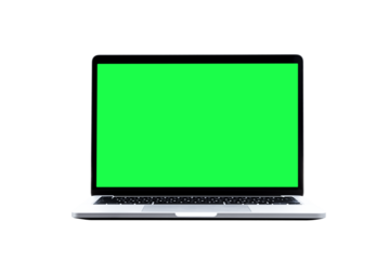 Laptop computer or notebook with green screen on transparent background - PNG format.