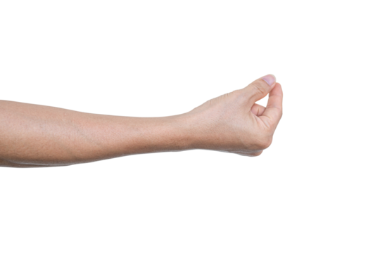 Closeup of male hand showing gesture sign on transparent background - PNG format.