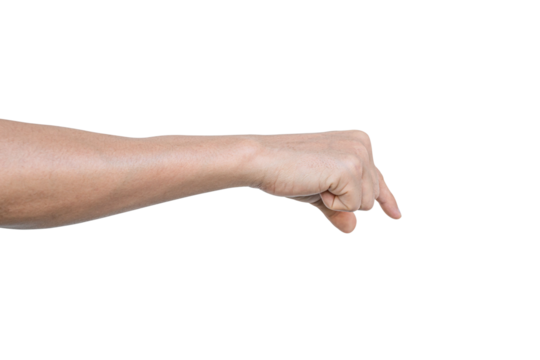 Closeup of male hand showing gesture sign on transparent background - PNG format.