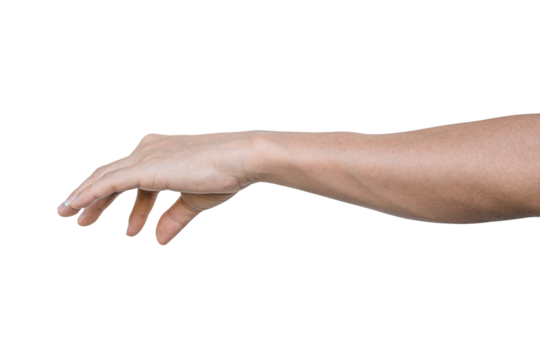 Closeup of male hand showing gesture sign on transparent background - PNG format.