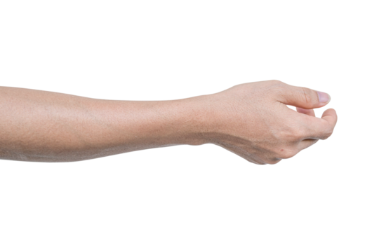 Closeup of male hand showing gesture sign on transparent background - PNG format.