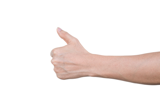 Closeup of male hand showing gesture sign on transparent background - PNG format.