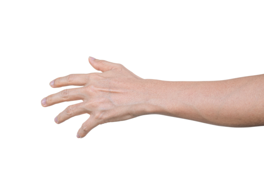 Closeup of male hand showing gesture sign on transparent background - PNG format.