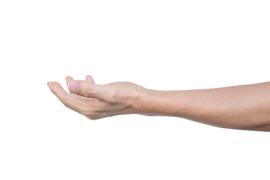 Closeup of male hand showing gesture sign on transparent background - PNG format.