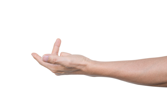 Closeup of male hand showing gesture sign on transparent background - PNG format.