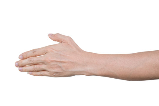 Closeup of male hand showing gesture sign on transparent background - PNG format.