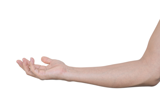 Closeup of male hand showing gesture sign on transparent background - PNG format.