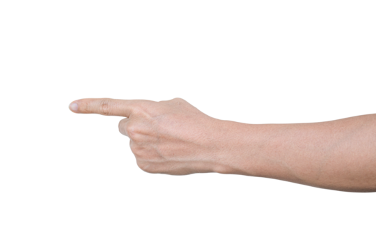 Closeup of male hand showing gesture sign on transparent background - PNG format.