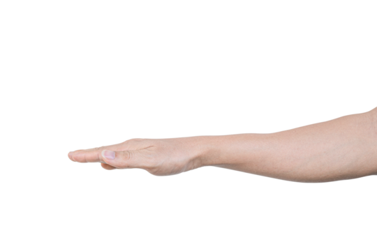 Closeup of male hand showing gesture sign on transparent background - PNG format.