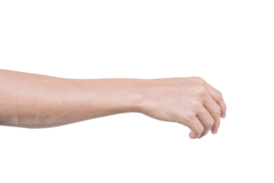 Closeup of male hand showing gesture sign on transparent background - PNG format.