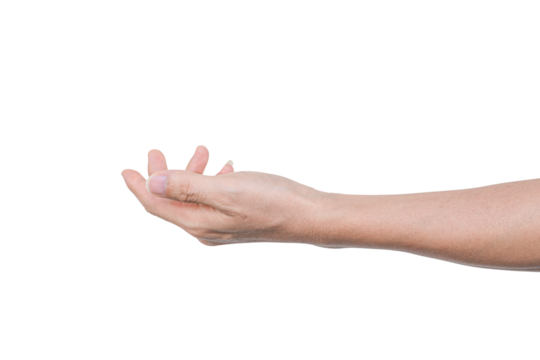 Closeup of male hand showing gesture sign on transparent background - PNG format.