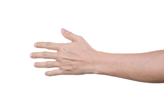 Closeup of male hand showing gesture sign on transparent background - PNG format.