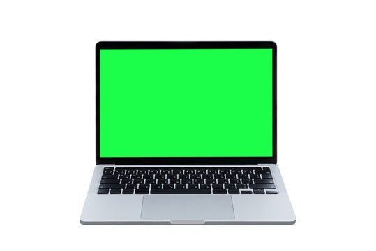 Laptop computer or notebook with green screen on transparent background - PNG format.