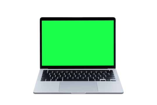 Laptop computer or notebook with green screen on transparent background - PNG format.