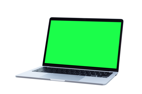 Laptop computer or notebook with green screen on transparent background - PNG format.