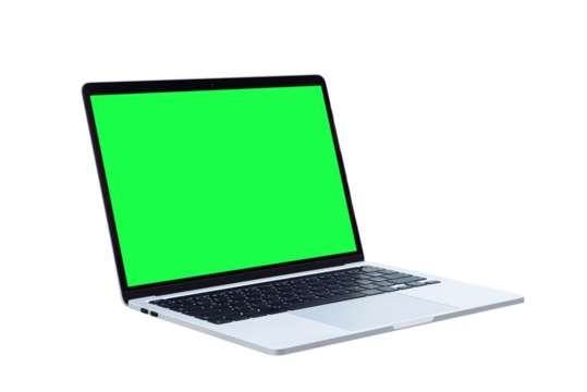 Laptop computer or notebook with green screen on transparent background - PNG format.