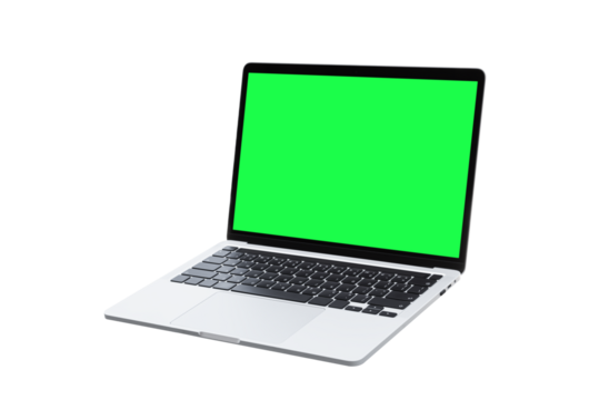 Laptop computer or notebook with green screen on transparent background - PNG format.