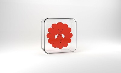 Red Bee on flower icon isolated on grey background. Sweet natural food. Honeybee or apis with wings symbol. Flying insect. Glass square button. 3d illustration 3D render