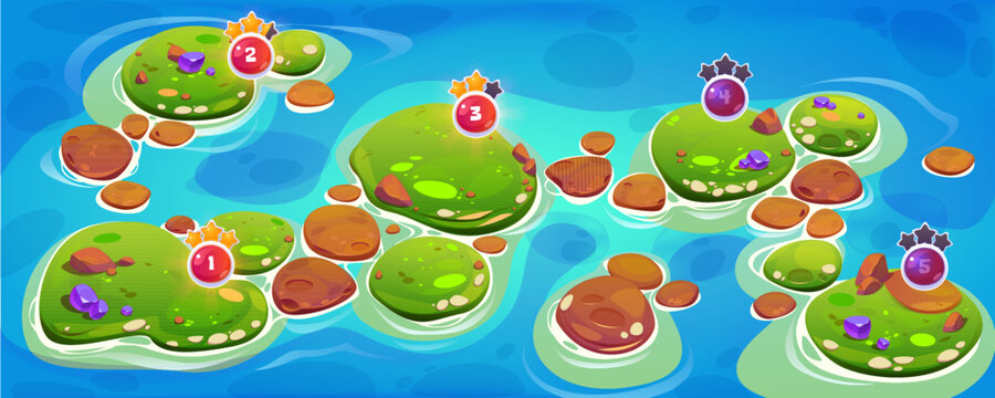 Game ui level map islands in ocean with crystals, green grass, rocks, stars and numbers. Cartoon 2d fantasy landscape platform, environment graphics for pc or mobile arcade, menu interface design