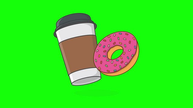 Donut And Disposable Coffee Cup On Green Screen Background