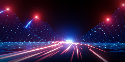 Fototapeta na wymiar 3d rendering neon wireframe landscape with mountain and red light trails.