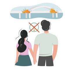 Date of a young couple. The guy and the girl hold hands and look at the exploding bridge. Sign smoking is harmful to health. The concept of joy, hope, freedom, unity. Flat vector illustration.