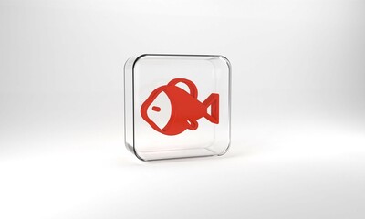 Red Fish icon isolated on grey background. Glass square button. 3d illustration 3D render