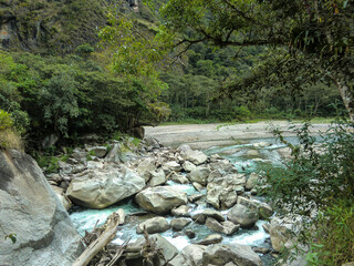 A river with little water due to global warming in which you can see stones dried by the sun