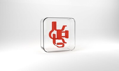 Obraz premium Red Spinning reel for fishing icon isolated on grey background. Fishing coil. Fishing tackle. Glass square button. 3d illustration 3D render