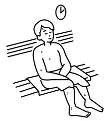 サウナでリラックスをする男性の線画イラスト