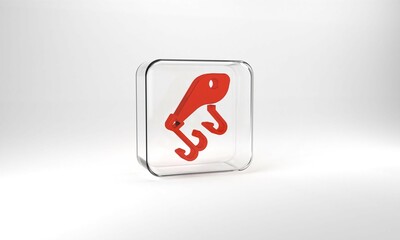 Red Fishing lure icon isolated on grey background. Fishing tackle. Glass square button. 3d illustration 3D render