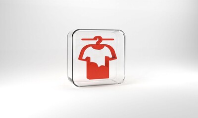 Red Drying clothes icon isolated on grey background. Clean shirt. Wash clothes on a rope with clothespins. Clothing care and tidiness. Glass square button. 3d illustration 3D render