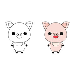 Cute pig toy.Contour drawing of a cartoon animal. Coloring book for kids.