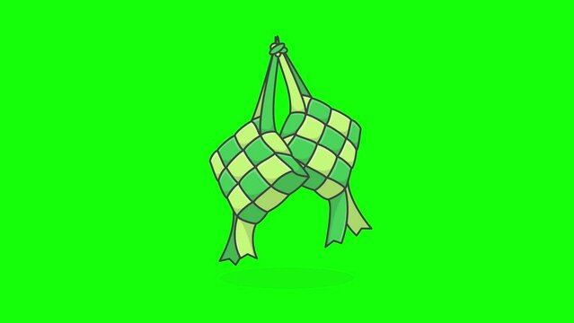 Ketupat Or Rice Dumpling On Green Screen Background. 3D Eid Al Fitr Ketupat Rice Food Animation