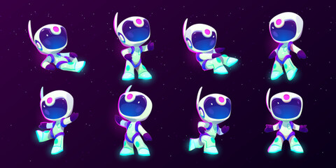 Cartoon astronaut character in starry space set. Cute spaceman floating in weightlessness, stand on one leg, show thumb up. Cosmonaut in suit and helmet, mascot, game personage Vector illustration © klyaksun