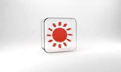 Red Sun icon isolated on grey background. Glass square button. 3d illustration 3D render
