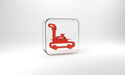 Red Lawn mower icon isolated on grey background. Lawn mower cutting grass. Glass square button. 3d illustration 3D render