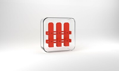 Red Garden fence wooden icon isolated on grey background. Glass square button. 3d illustration 3D render