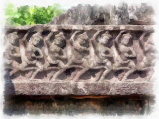 Ancient stone castle and ancient pattern art in Thailand watercolor style illustration impressionist painting.