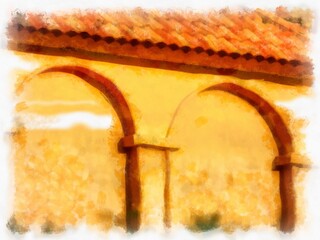 Ancient italian village architecture building watercolor style illustration impressionist painting.